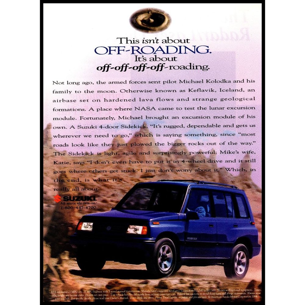 1995 Suzuki Sidekick SUV Vintage Print Ad Offroad Desert Sand Wall Art